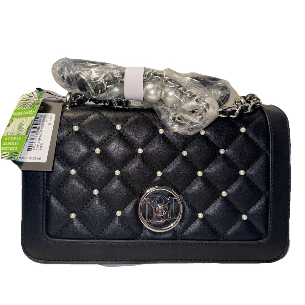 Studio Badgley Mischka Crossbody Bag Womens 1SZ Black Quilted Pearl Logo BM-4135